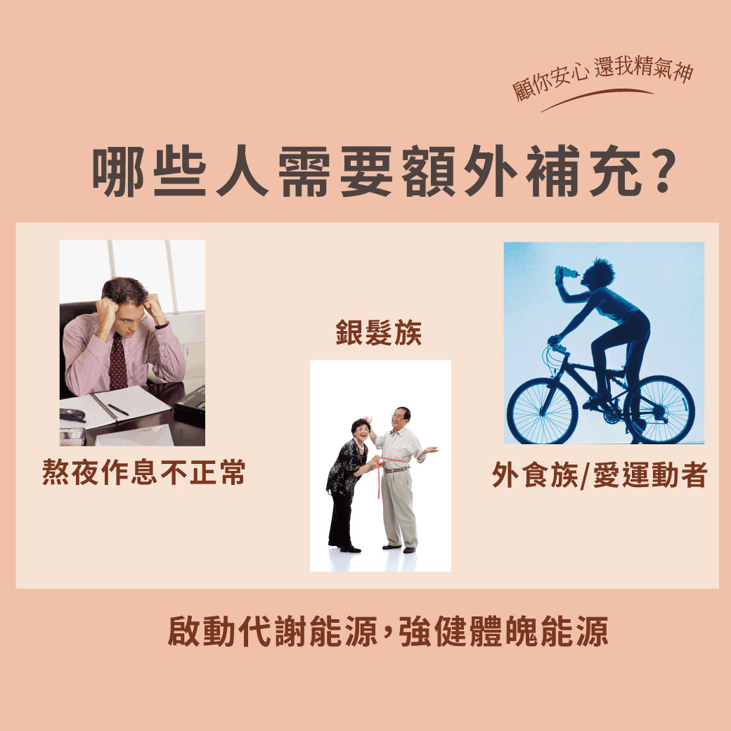 哪些人需要補充固心安Q10?1.銀髮族2.熬夜或作息不規律者3.上班族或外食族4.愛運動、需補充體力者